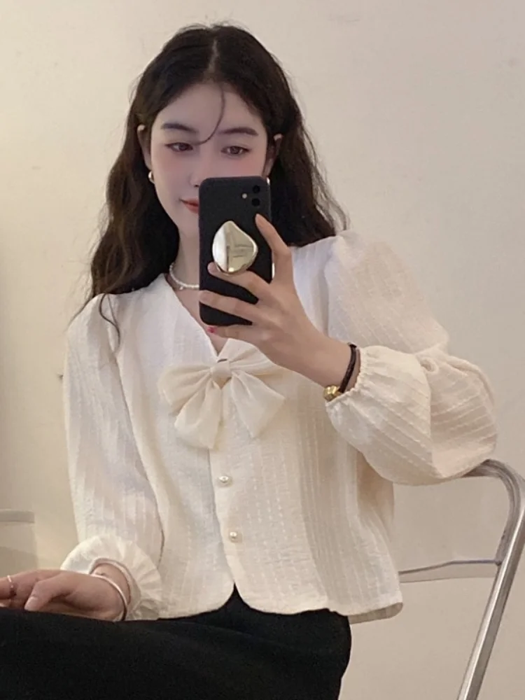 Woherb Summer Solid Bow Sweet Blouses Women Button Chic  Female Korean Fashion Lantern Sleeve Loose Elegant  2024