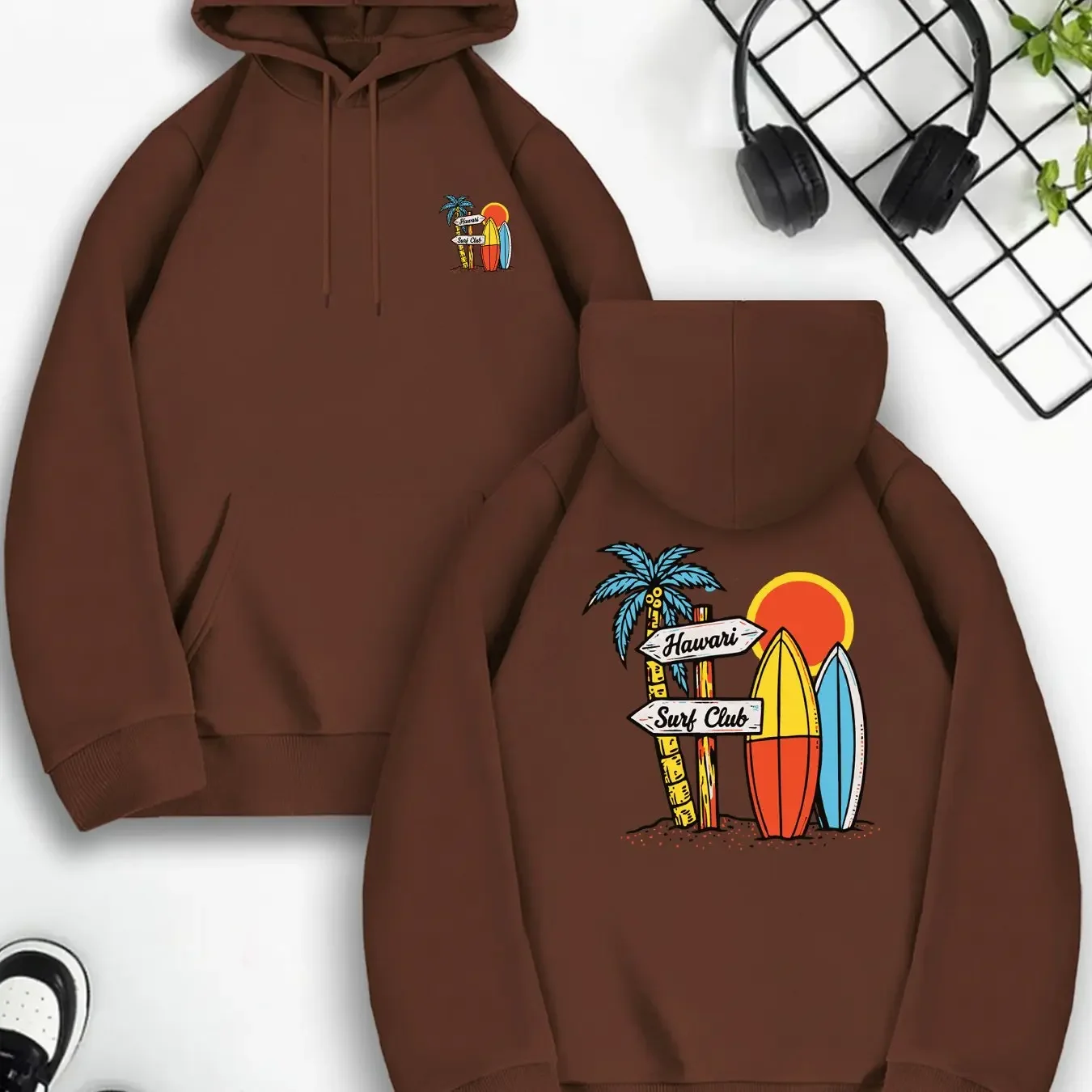 Moletom Masculino com Capuz Estampa Hawaiian Surf Club Jaqueta Casual Solta Unissex Estilo Americano Vintage Estilo de Rua para Férias de Verão