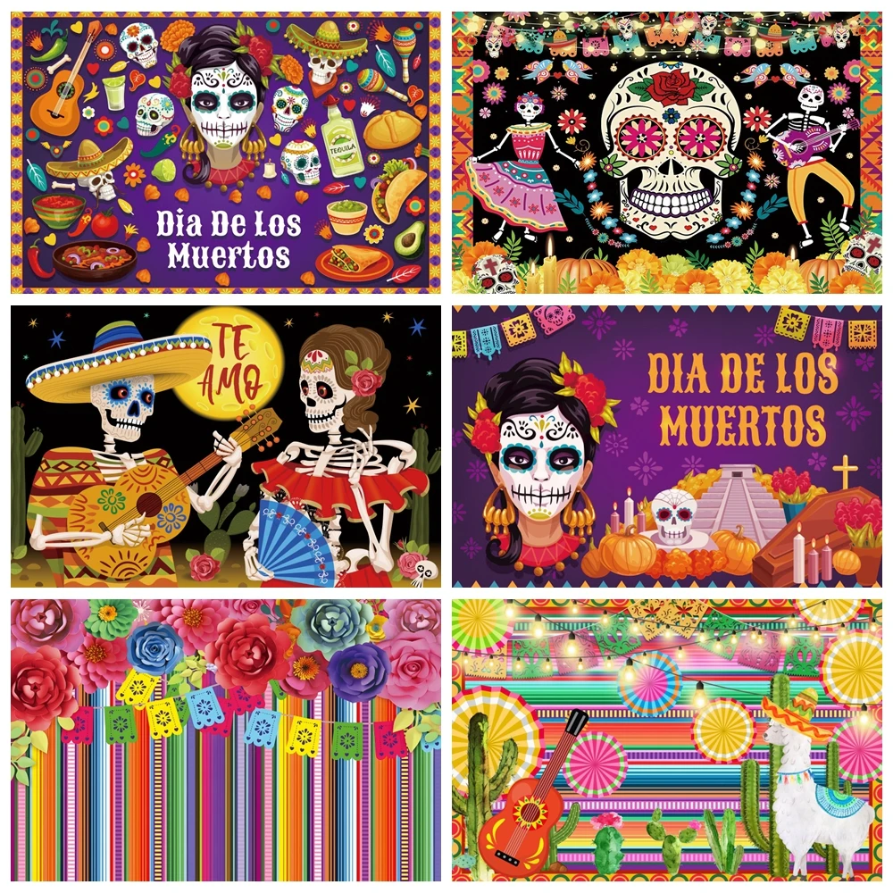 

Mexico Day Of The Dead Backdrop Mexican Fiesta Sugar Skull Marigold Dress-up Party Decor Photographic Background Photo Studio