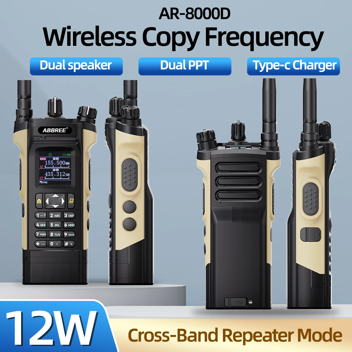 ABBREE AR-8000 Walkie Talkie Long Range Dual Speaker Display 12W Air Band Wireless Copy Frequency Type-c Handheld Two Way Radio