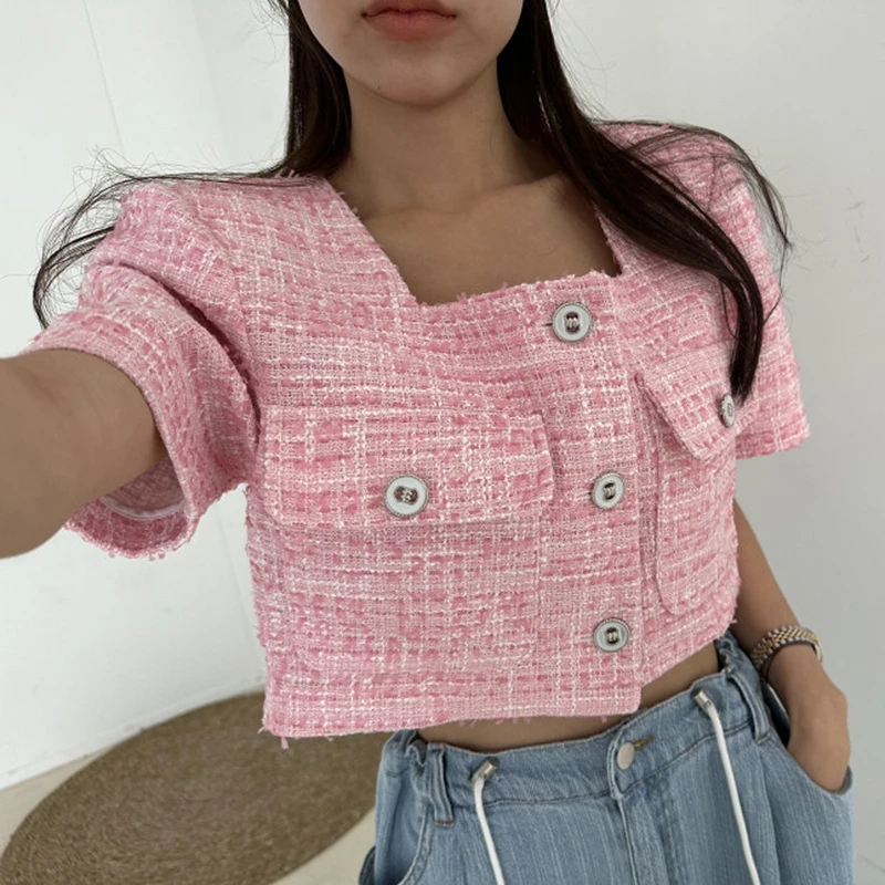 Korea Temperament Short Sleeve Cardigan Women Clothes Crop Tweed Coat Chic Tops Summer Elegant Square Collar Casual Sweet Jacket