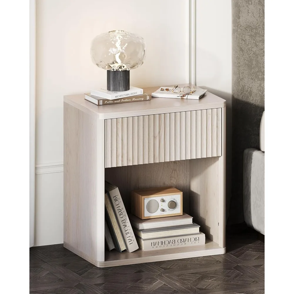 Mid Century Style Wood Nightstands Pair with Storage Drawer and Open Shelf for Bedroom