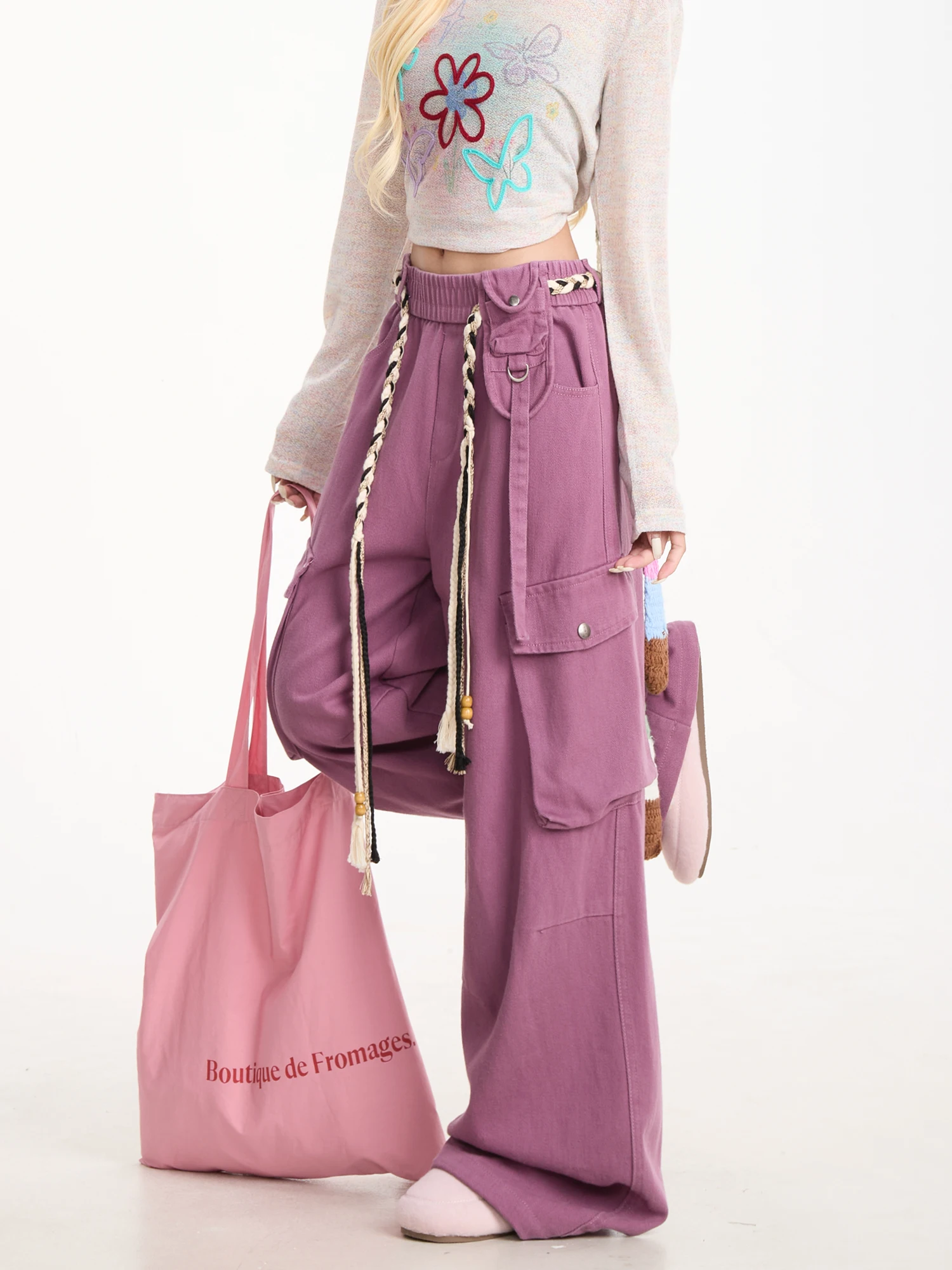 NERESUM Vintage Washed Straight Leg Work Pants Women's Purple Casual Trousers Multi-Pocket Wide Leg Slimming Long Pants