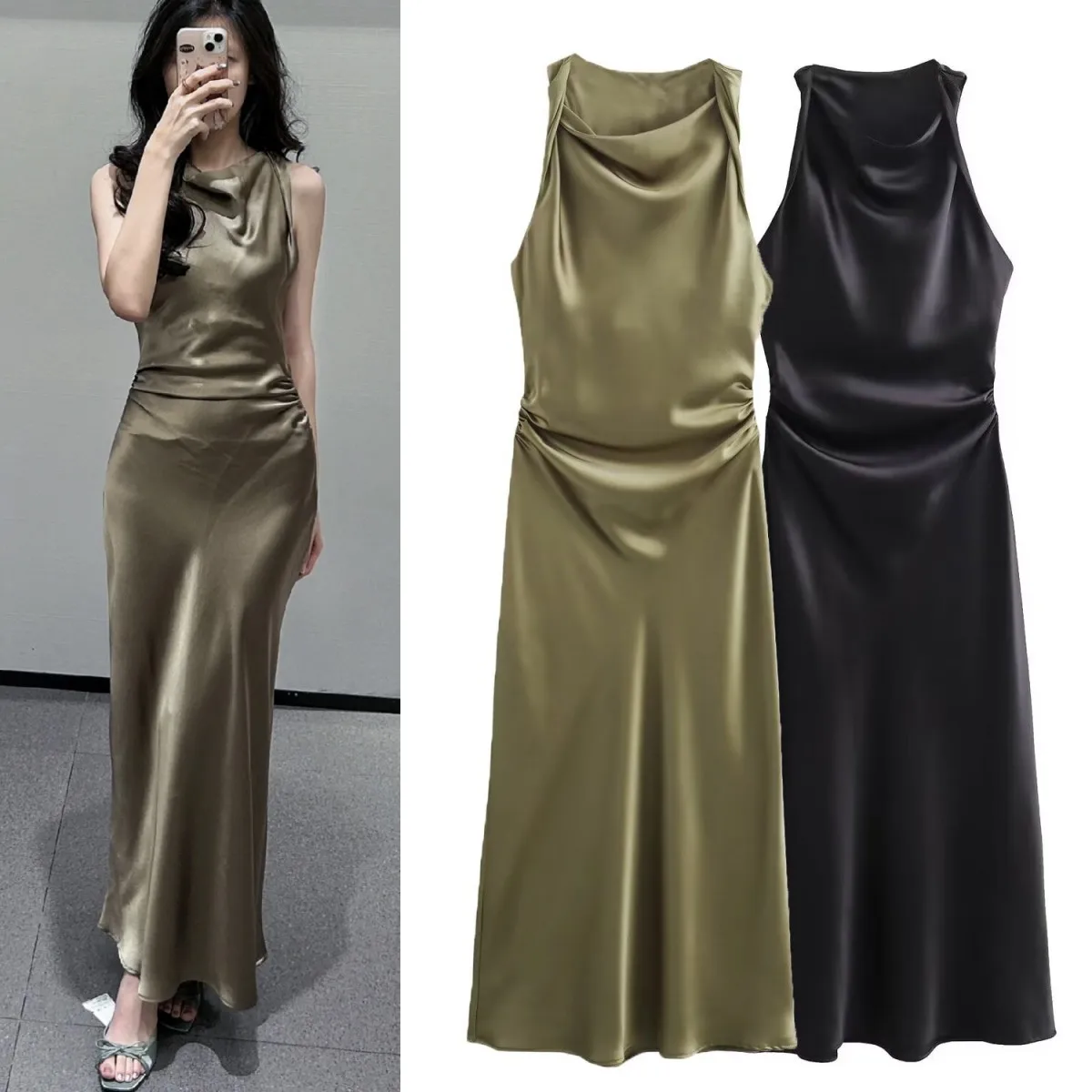 LIBIELIY Spring/summer New Women's Elegant Fashion Wrinkled Silk Satin Party Sexy Slim Sleeveless Dress