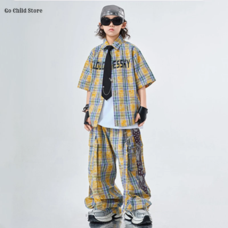 Hip hop meninas camisa xadrez calças de carga meninos moda roupas de dança de rua conjunto crianças adolescentes streetwear crianças k-pop jazz traje