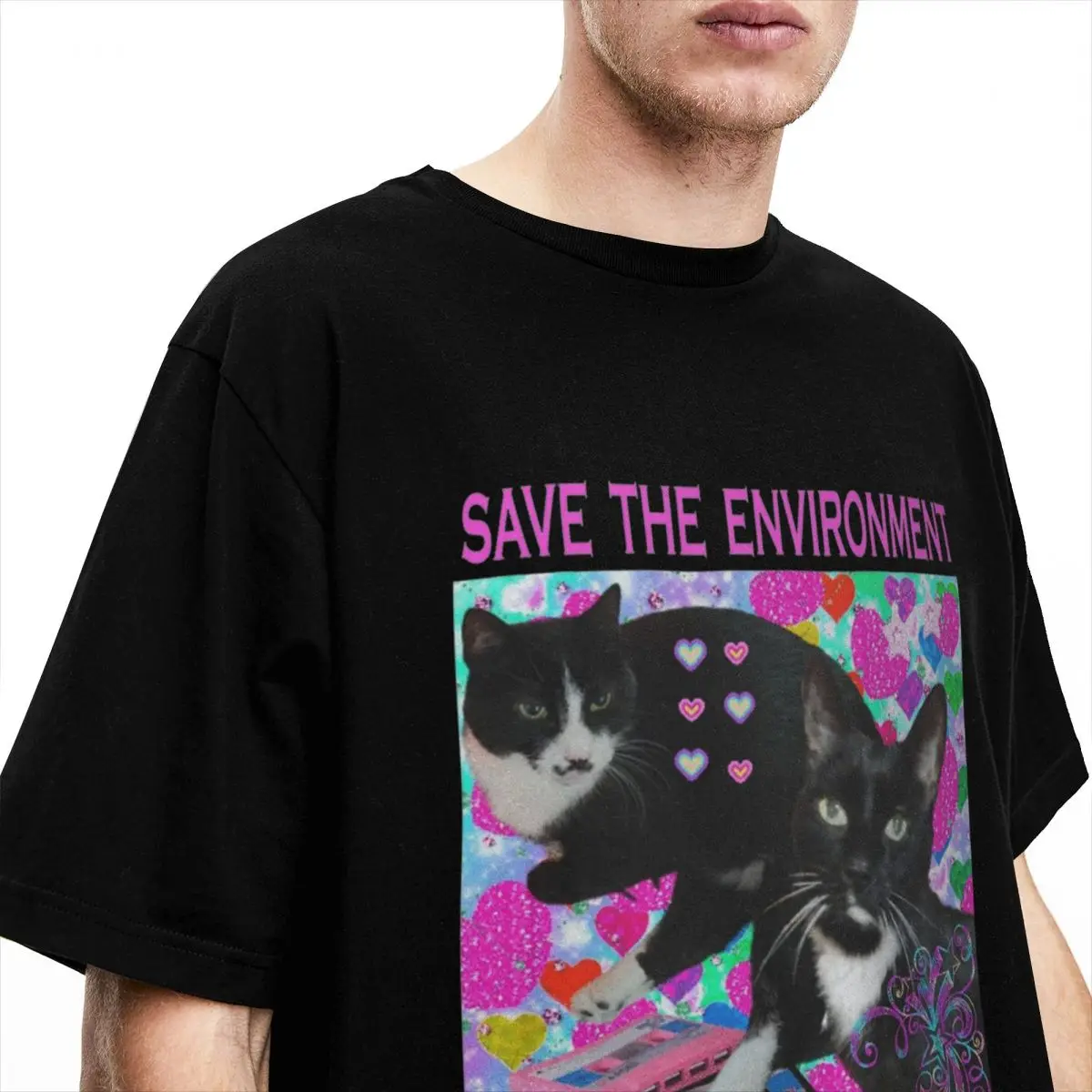 Save The Environment Eat Plastic for Men Women T Shirt Funny Cat Tee Shirt Short Sleeve Crewneck T-Shirts Pure Cotton Clothes