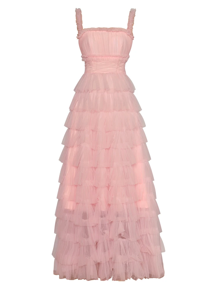 Backless SLIP Lady ชุดยาว 2025 ฤดูร้อนสปาเก็ตตี้สายคล้องคอเอวตาข่าย Ruffled ผู้หญิงเค้ก X-ยาวชุดสีชมพู