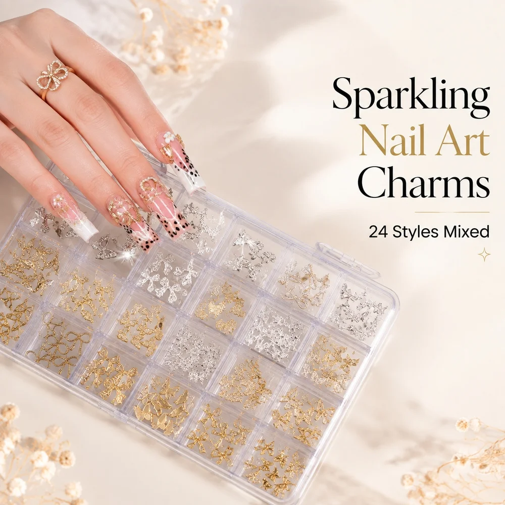 24Grids Gold Silver Tone Alloy Nail Charms Assorted Bowknot Butterfly Bow Hollow‑out 3D Charms For DIY Acrylic Nail Ornament