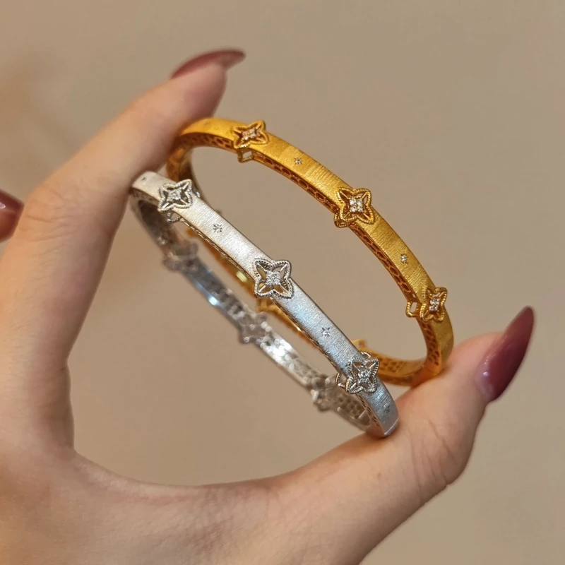 BELLUX S925 Pure Silver Handmade Brushed Clover Bracelet Light Luxury Fine Gold Silver Vintage Bangle