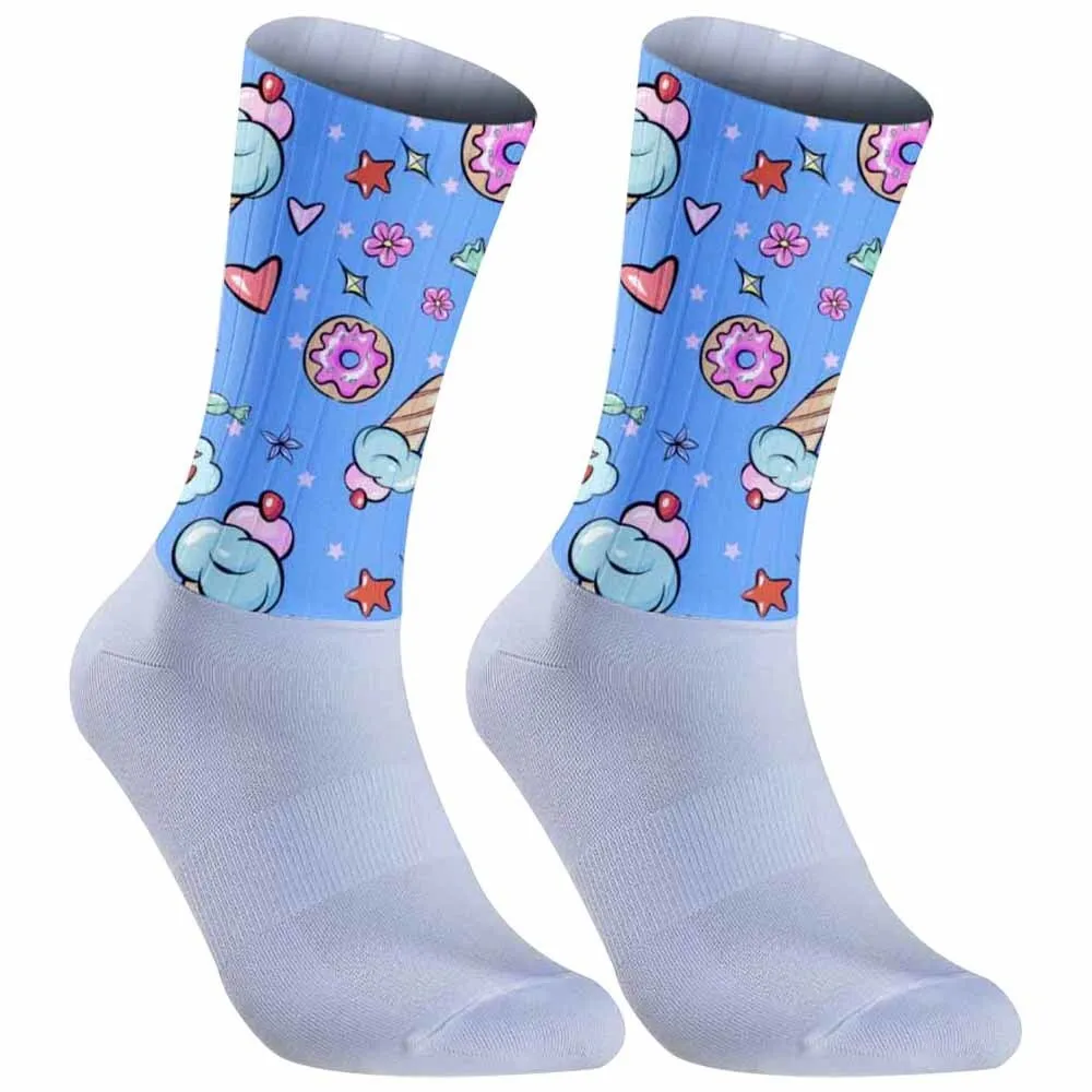 Team Cycling Socks Anti Slip Seamless Silicone Running Sport Road Bike Socks Rainbow ice cream pattern Cycling Socks New