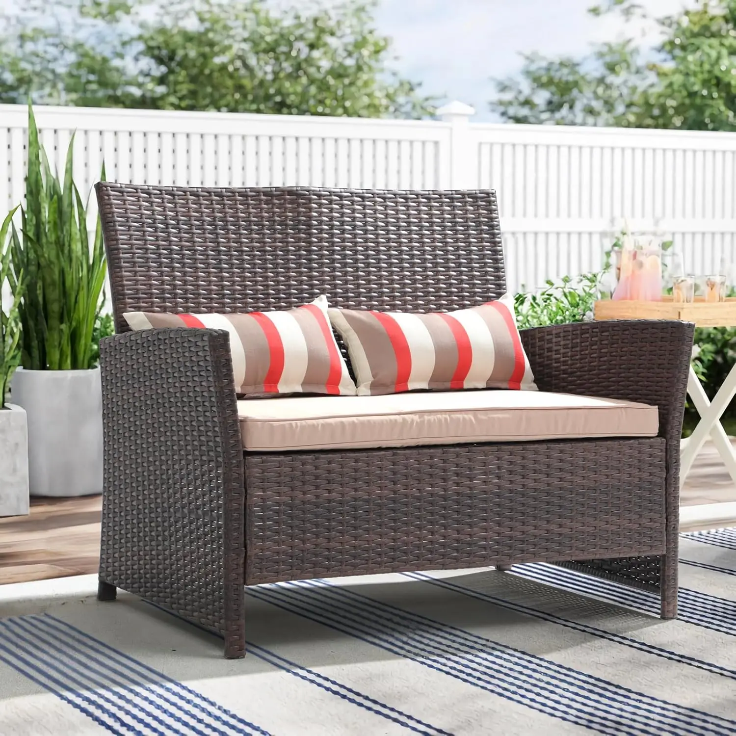 Outdoor Wicker Loveseat with Cushions, 2 Seats Patio PE Rattan Sofa with Lumbar Pillows, Brown Wicker & Beige Cushions, Porch