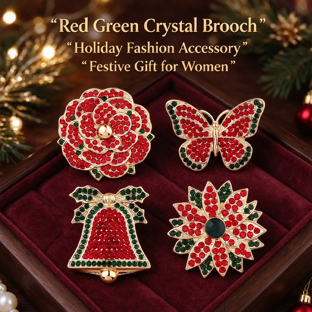 Christmas Rhinestone Brooch Set Red Green Crystal Flower Bell Butterfly Poinsettia Pin Winter Holiday Lapel Badge Xmas Gift