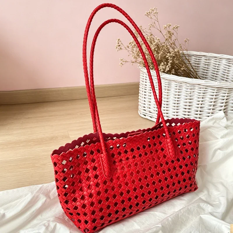 Fashion Hollow Design Basket Bag For Women Niche Beach Vacation Woven Shoulder Bags Casual Daily Versatile Tote