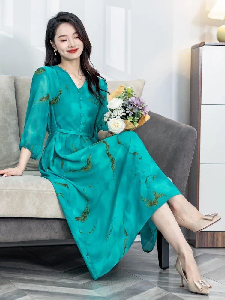 

Silk Spring Summer Women's Dr Luxury Lightweight Midi A-Line V-Ne Commute Loose Waist Seven-Sve Gown