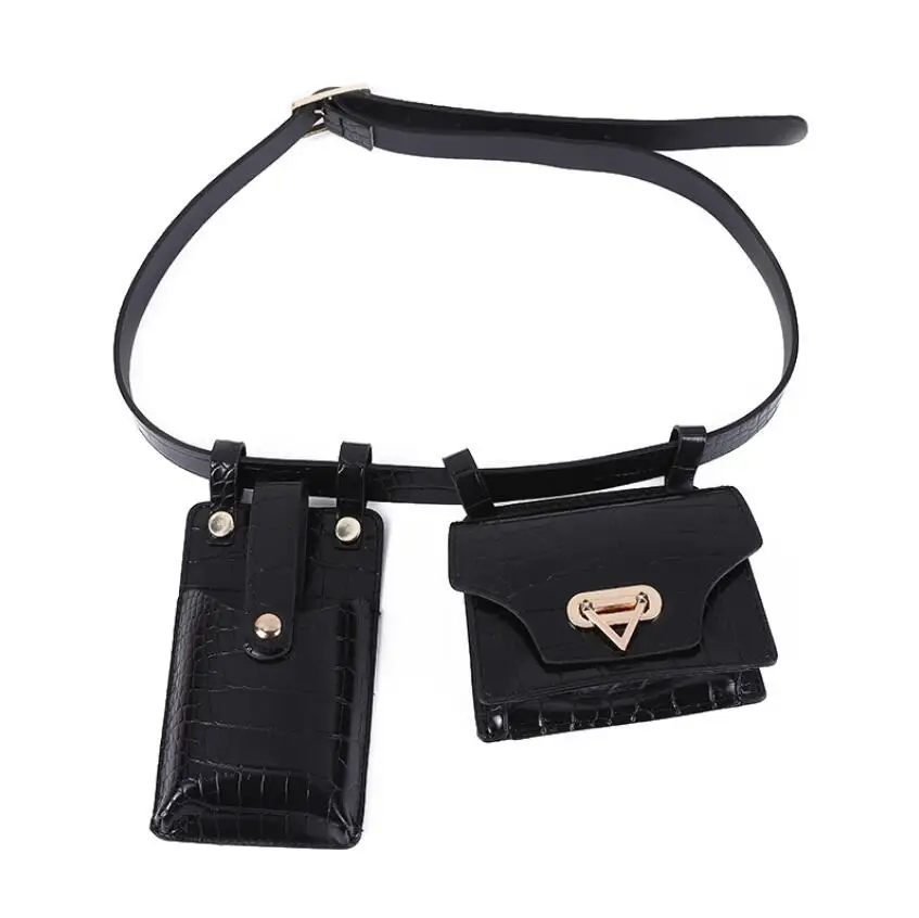 

Women's Crocodile Pattern Black Waist Bag Two Piece Set PU Mini Phone Bag Coin Purse Crossbody Personalized Shoulder Bag