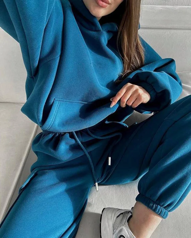

Autumn Winter New Solid Suit For Women 2024 Fashion Long Sleeved Hooded Sweatshirt Lace Up Trousers Two Piece Set Sports Suit