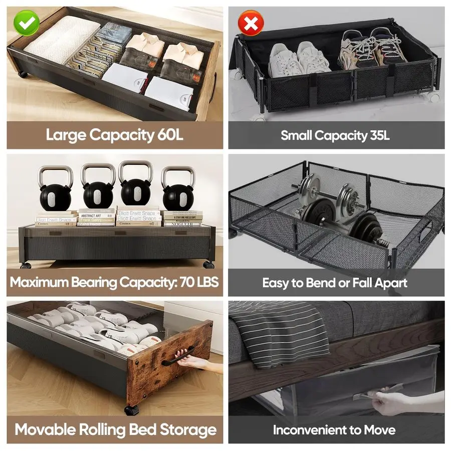 Rangement de lit avec roulettes, conteneurs de rangement de chaussures sous le lit, tiroirs de rangement sous le lit avec couvercle, tissu de couvertures roulantes en bois