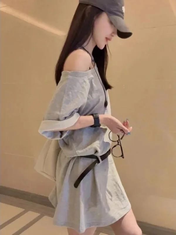 Ele ey Dr Casual Loose Women's Faion Summer 2025 oulder off A-Line Skirt ort Sve round Ne Daily Wear