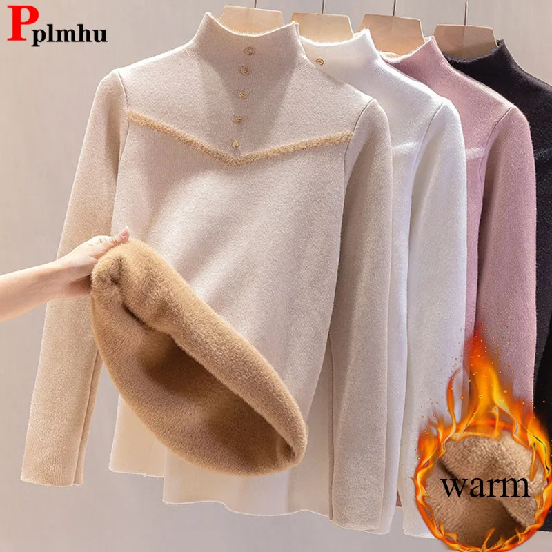 

Women Knit Half Turtleneck Plush Velvet Sweater Casual Thicken Warm Knitwear Pullover Tops Korean Soft Long Sleeve Jumper Sueter