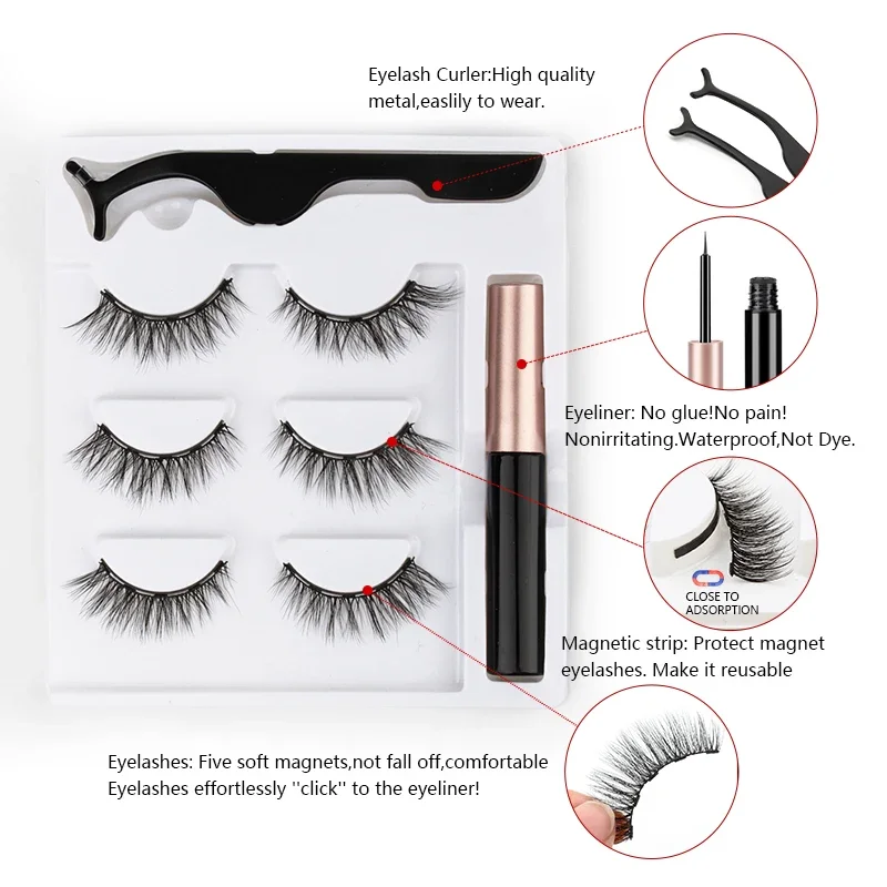 Hot 1/2/3/4 Pairs Magnetic Eyelashes Set Fluffy False Eyelash Soft Faux Cils Waterproof Liquid Eyeliner Tweezer Makeup Kit Tool