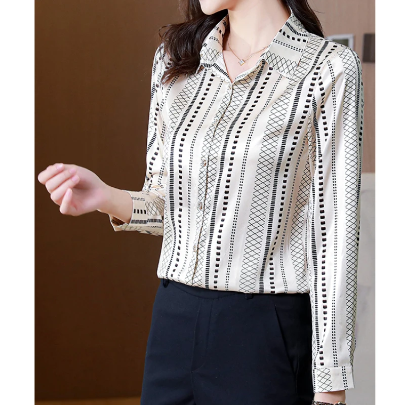 Satin Women Shirt 2023 Autumn Clothes Women Vintage Blouses Office Lady Long Sleeve Blouse Button Up Shirt OL Print Womens Tops