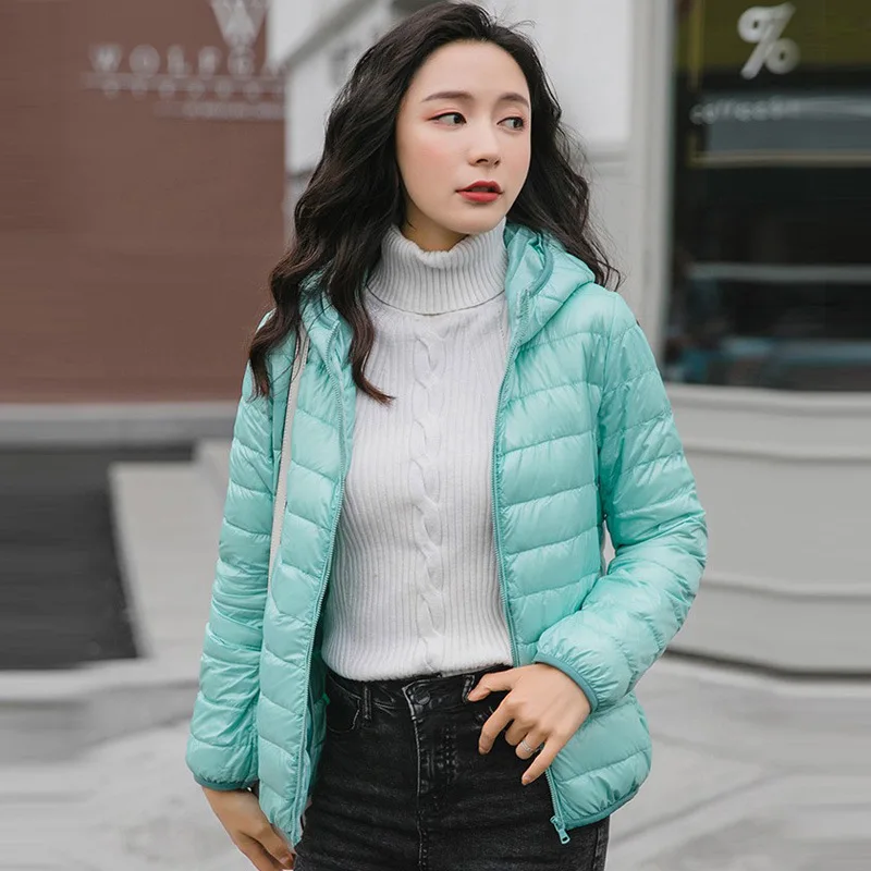Women Down Coat Lightweight Warm Hooded Puffer Jacket Plus Size Packable Autumn Winter Clothes Simple Short Outwear Full-Zip