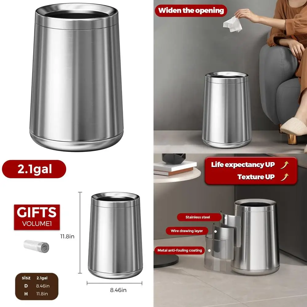 

Stainless Steel Small Bathroom Trash Can - Open Top Silver Waste Bin for Home Use in Bedrooms, Living Rooms, and Powder Rooms