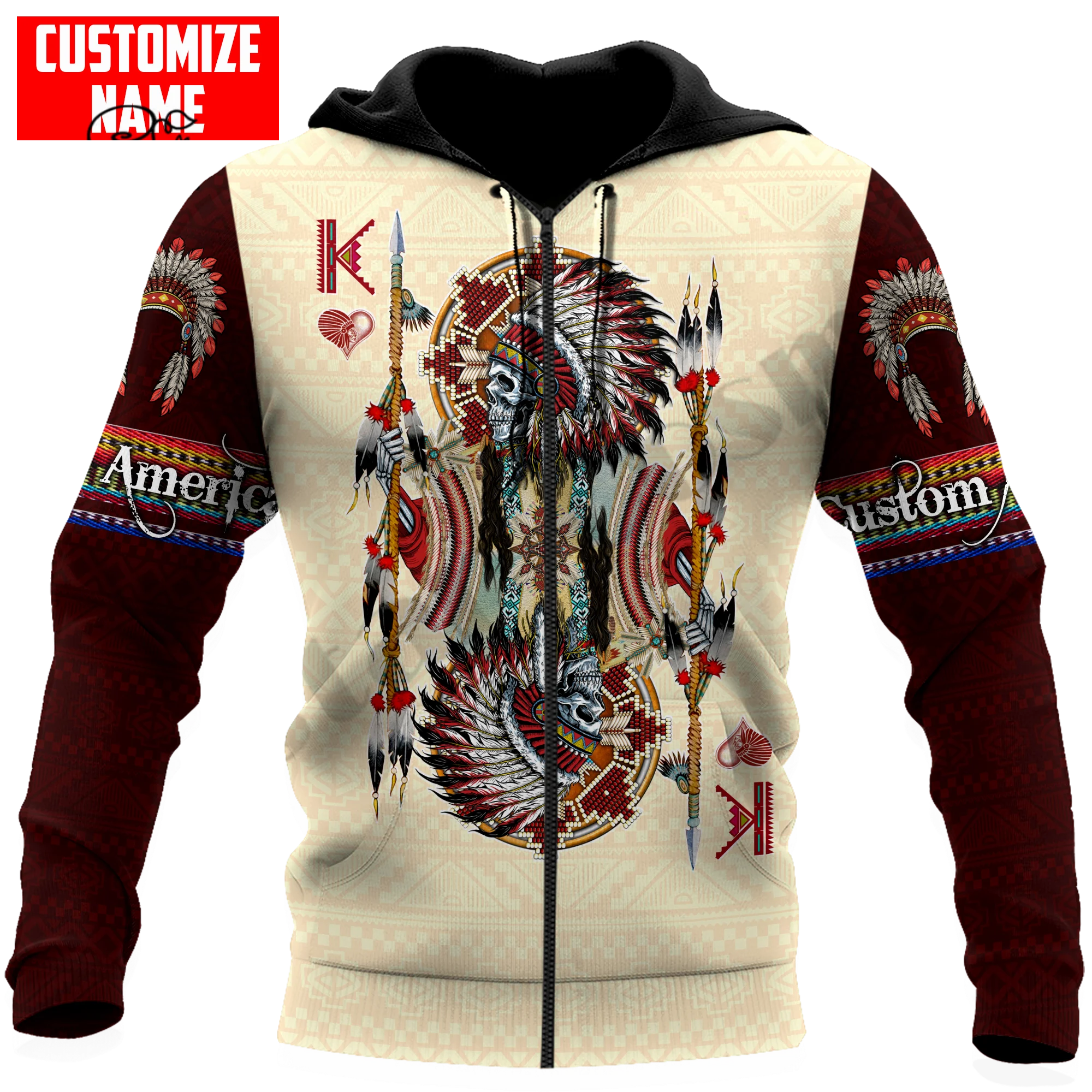 PLstar Cosmos-Sudadera con capucha para hombre y mujer, ropa de calle con estampado de calavera Cheif nativa, nombre personalizado, estilo Harajuku Premium, con cremallera, Unisex