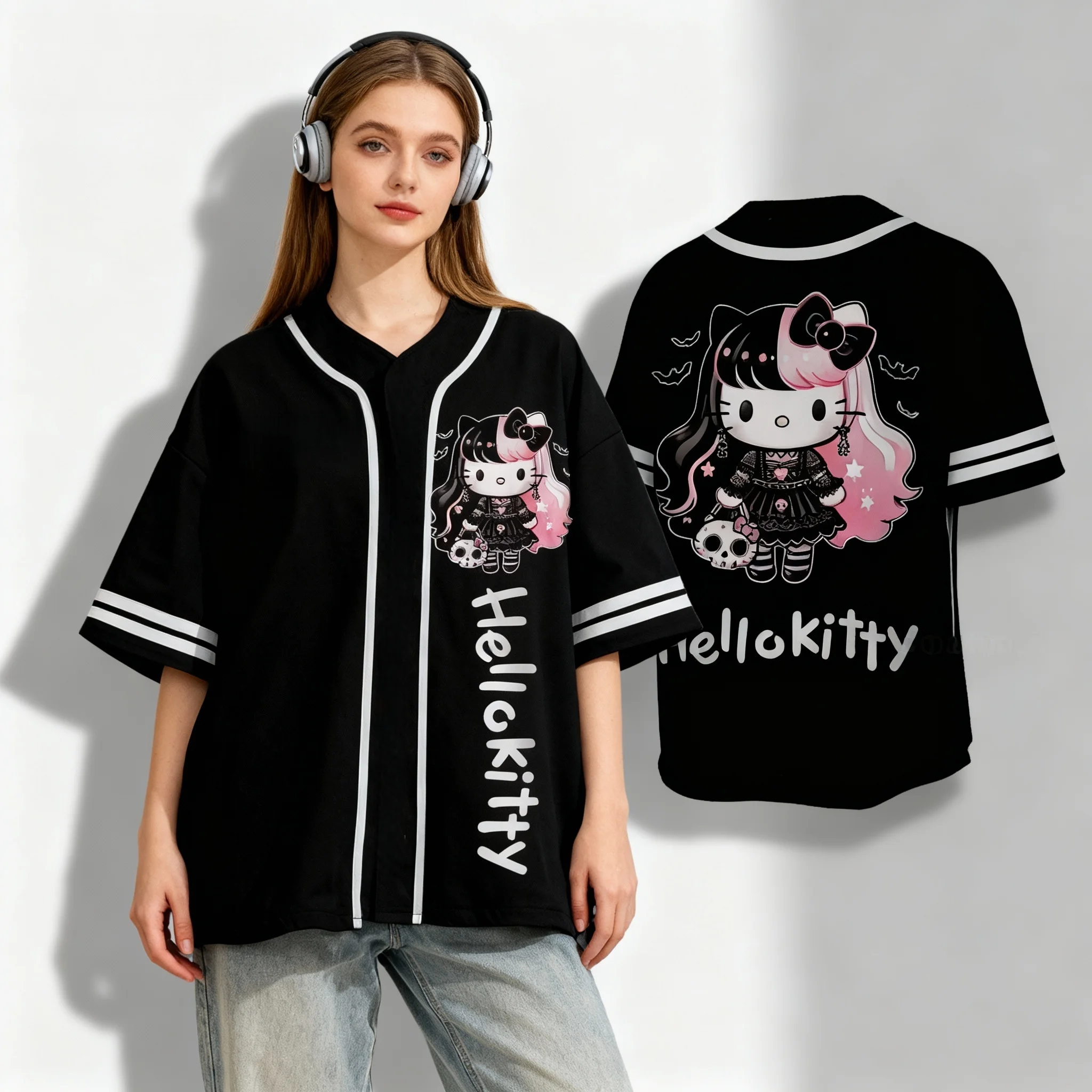 سانريو المشجعين ميلودي كورومي النمط الرياضي الأمريكي الحلو وبارد تيشيرت صيفي المتضخم الرجال والنساء بلايز رياضية الكبار