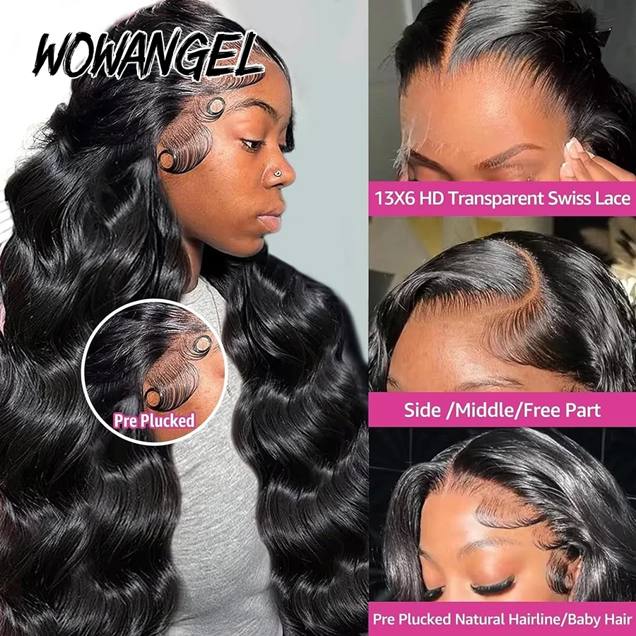 Wow Angel Body Wave Jet Black 250% 13x6 HD encaje Frontal completo pelucas de cabello humano SkinLike HD pelucas delanteras de encaje prearrancadas para mujeres