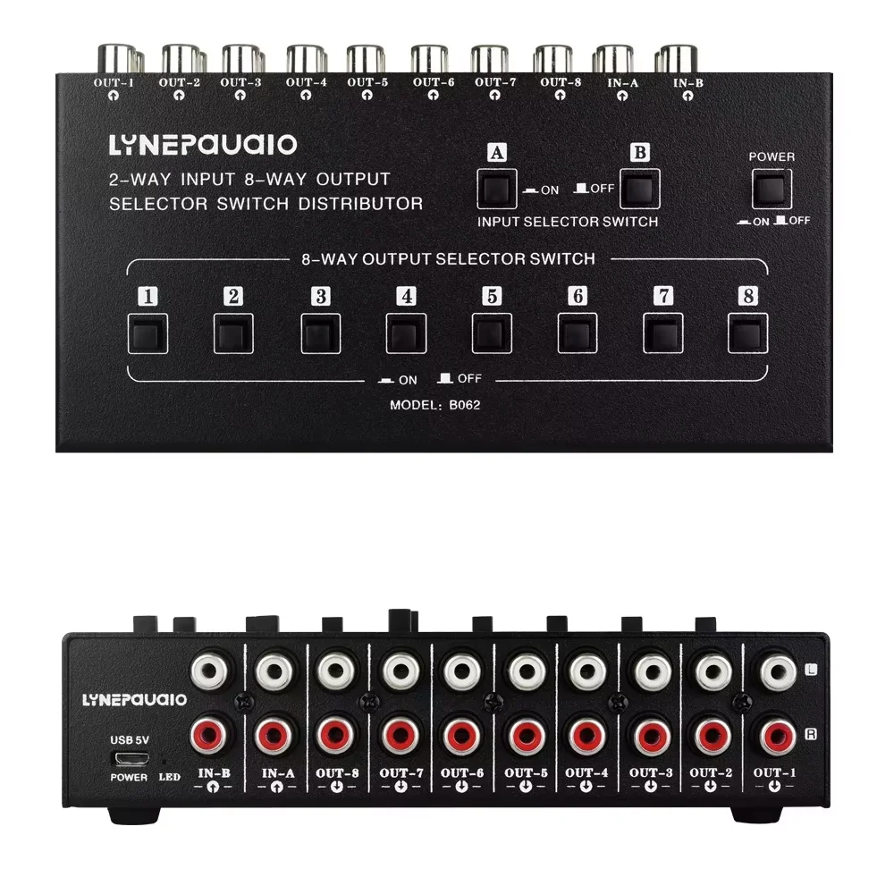 2 in 8 out audio frequency signal select shift device support 2 sets mix input and 8 sets output RCA interface at the same time