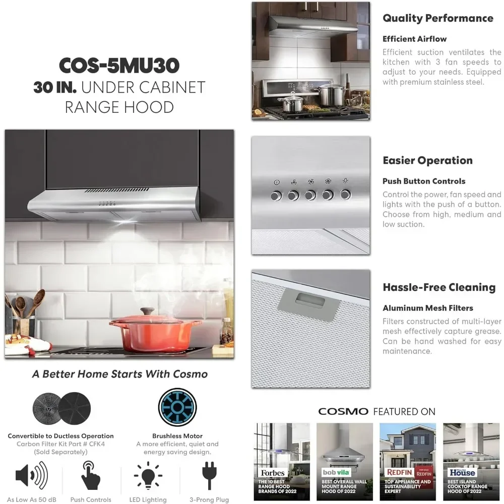 Capô de armário de 30 polegadas, ventilação de fogão de cozinha ultrafina, exaustor de 3 velocidades, com filtro e luz LED de aço inoxidável, 30 polegadas