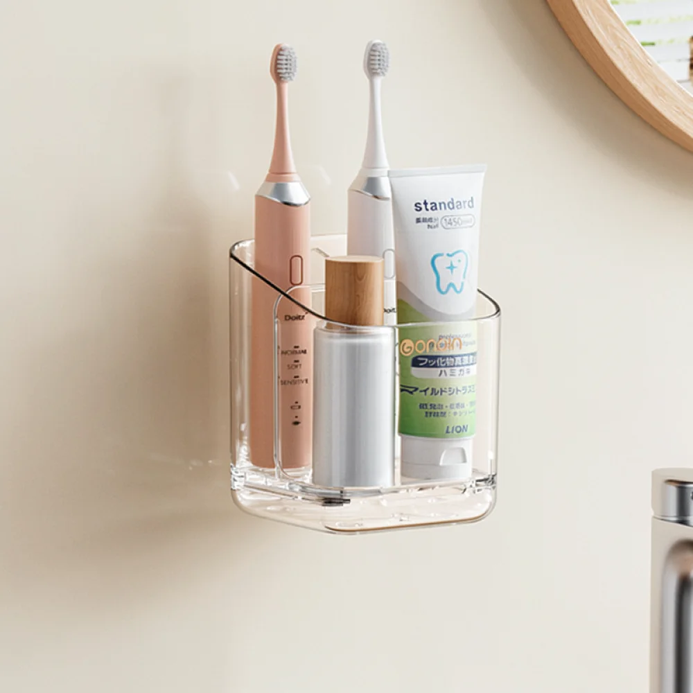 Plastic Toothbrush Holder Bathroom Storage Organizer Stand Punch Free Shelf For Countertop Vanity Accessory Tray