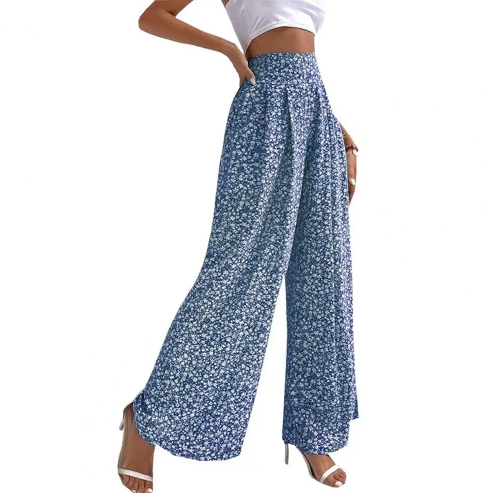 Loose Fit Wide Leg Pants Floral Print Wide Leg Pants for Women Elastic High Waist Trousers with Loose Fit Stylish Wear Option