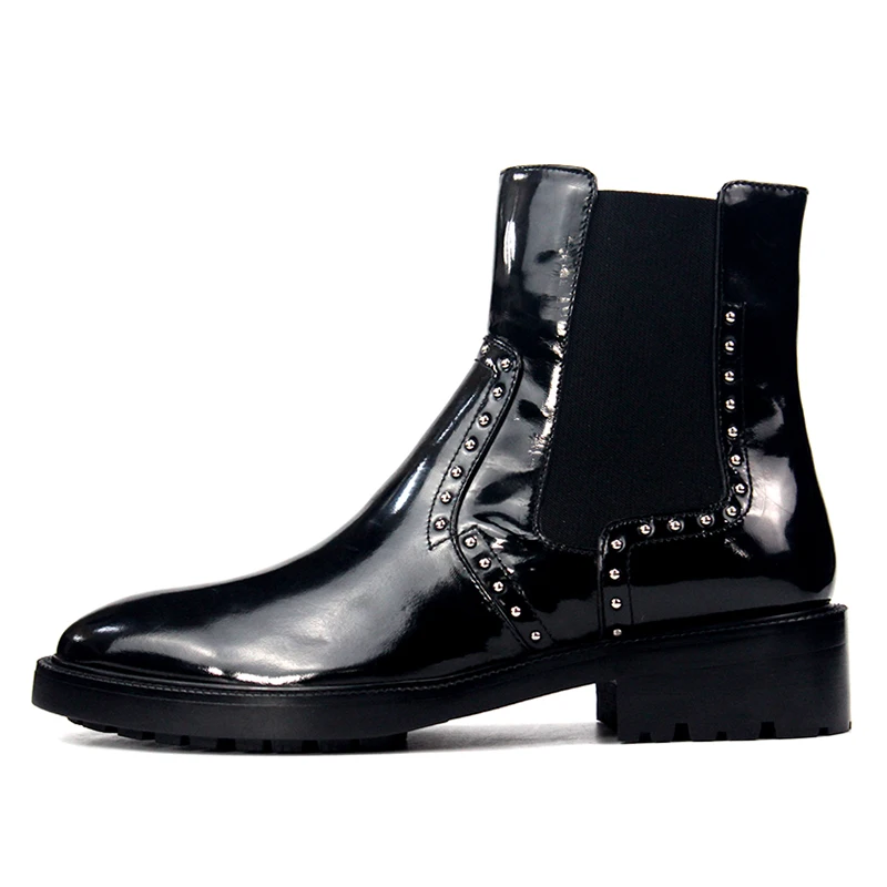 New Black Genuine Leather Thick Sole Chelsea Boots Rivets Cowhide Casual Leather Boots Heightened Mid-calf Men Boots