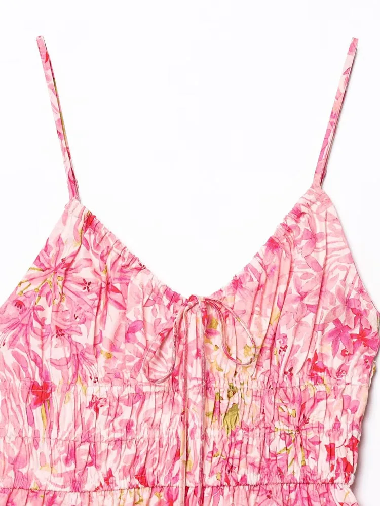 2025 المرأة طباعة فستان بحزام الصيف موضة خمر الرباط القوس حمالة أنثى أنيقة فساتين الشارع الملابس