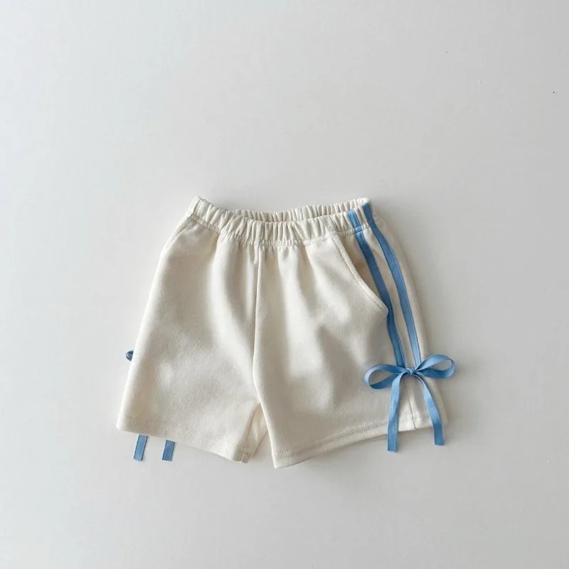 Korean Style New Summer Baby Girls Sports Shorts Side Seam Stripe Bow Elastic Waist Loose Pants Casual Children Clothes A24147