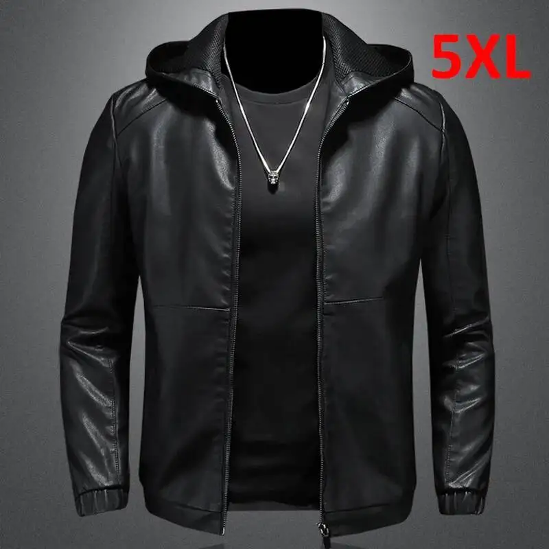 

Hooded Jackets Men Biker Spring Autumn Jacket Male Fashion Casual Black PU Leather Coat Large Size 5XL