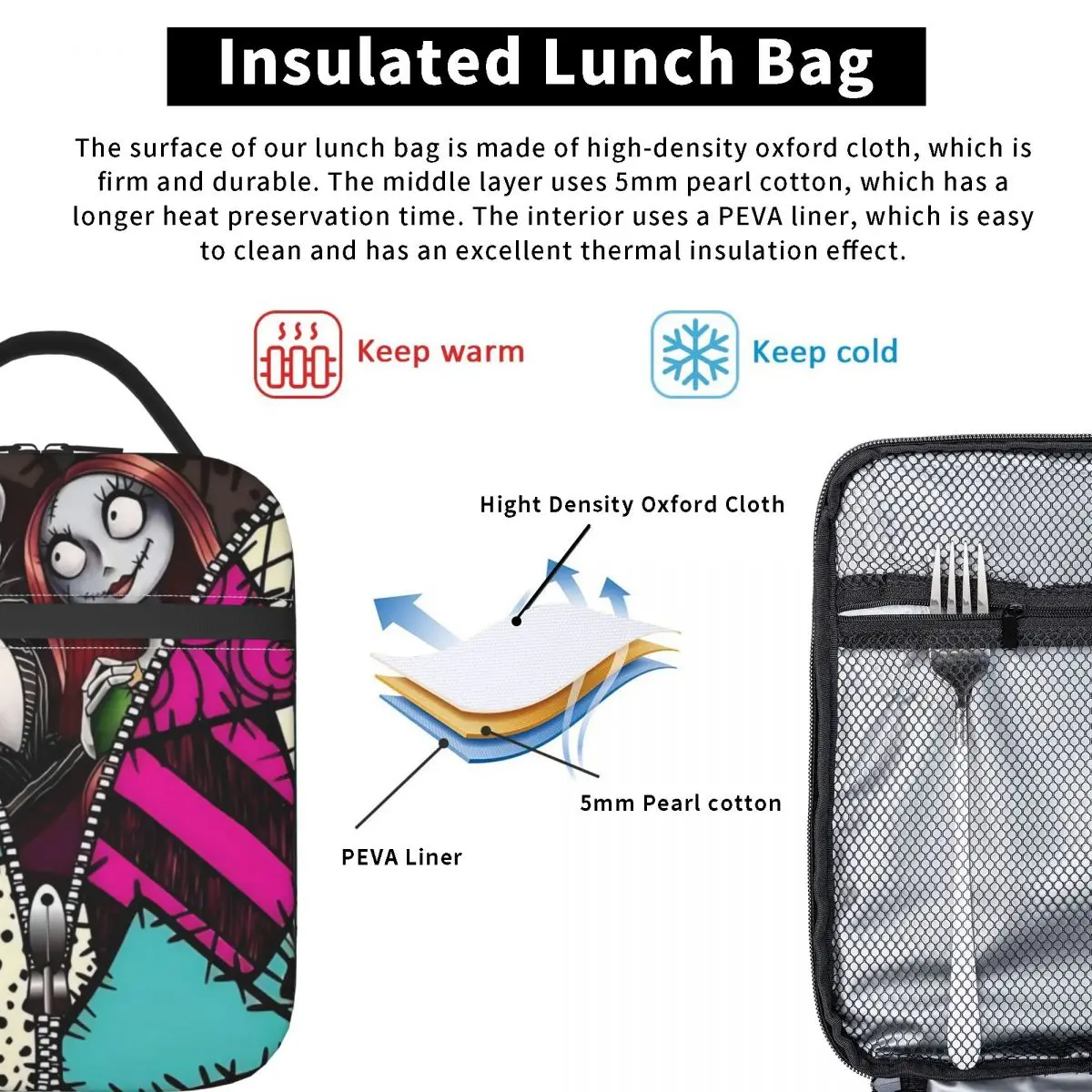 Custom Halloween Jack Skellington Cartoon Insulated Lunch Bags Women Resuable Thermal Cooler Food Lunch Box Work School Travel