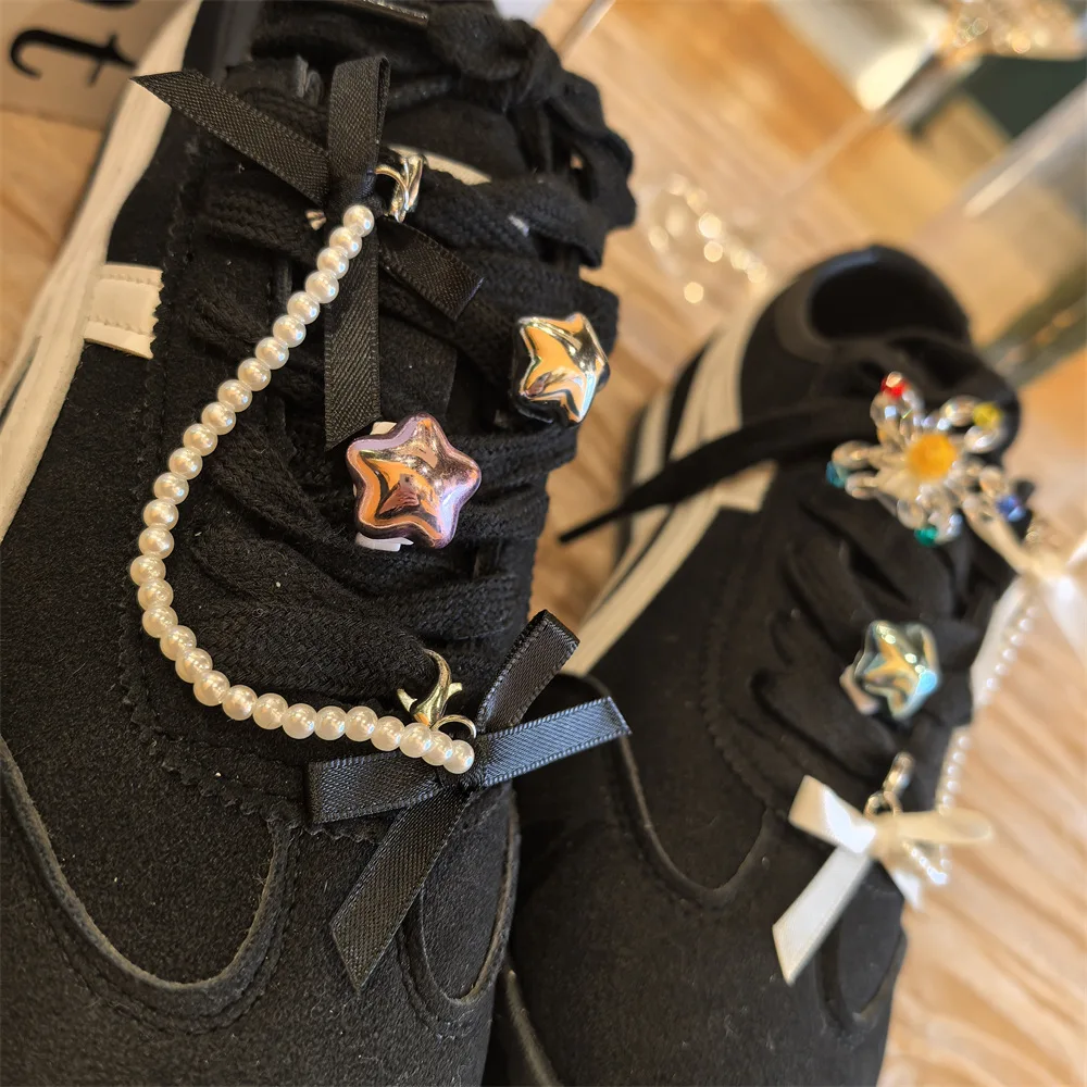 

Pearl chain flower Shoe laces Charms for Sneakers Decorations bow Star Shoe Charm Buckle DIY Shoes Accessories 1Pc/2Pcs