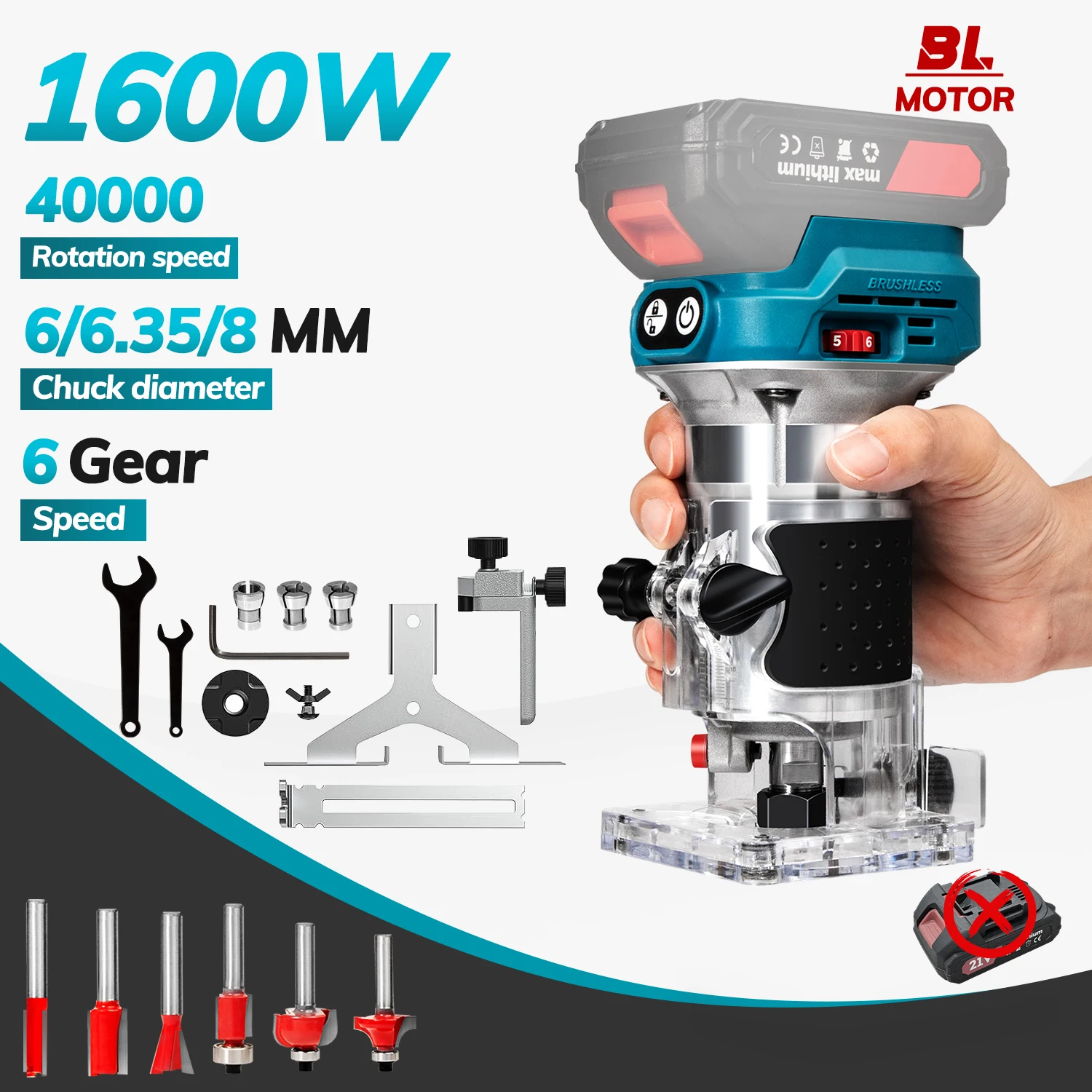 

Brushless Electric Compact Router Hand Trimmer 6 Speeds 1600W Cordless Wood Router Woodworking Engraving For 18V Battery Pin