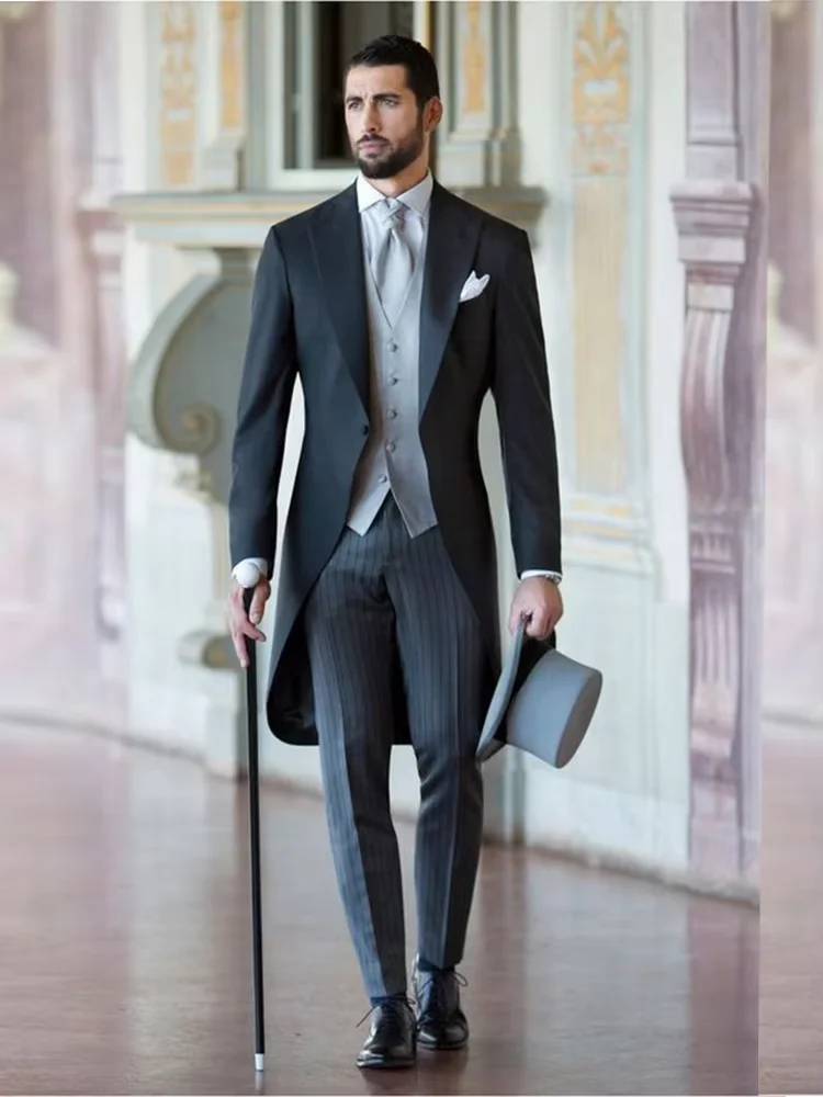 بدلة رجالية مكونة من 3 قطع لحفلات الزفاف الرسمية وزر واحد وسترة صدرية وبنطلون مخطط #2