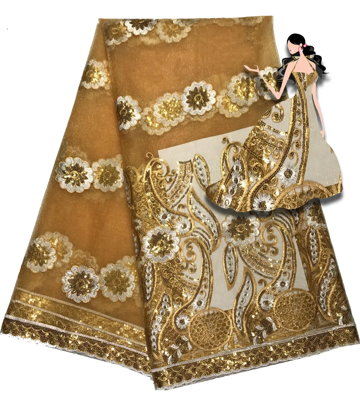 

2021 High Quality African Lace Fabric Gold , Royal Blue French Net Embroidery Sequins Tulle Lace Fabric for Nigerian Party Dress