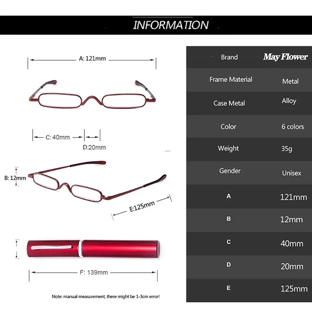 Neue Mini Super Schmale Falten Lesebrille Frauen Männer Tragbare Container Presbyopie Stift Gläser Mit Box + 1 + 1,5 + 2 + 2,5 + 3,0 – Detail 12