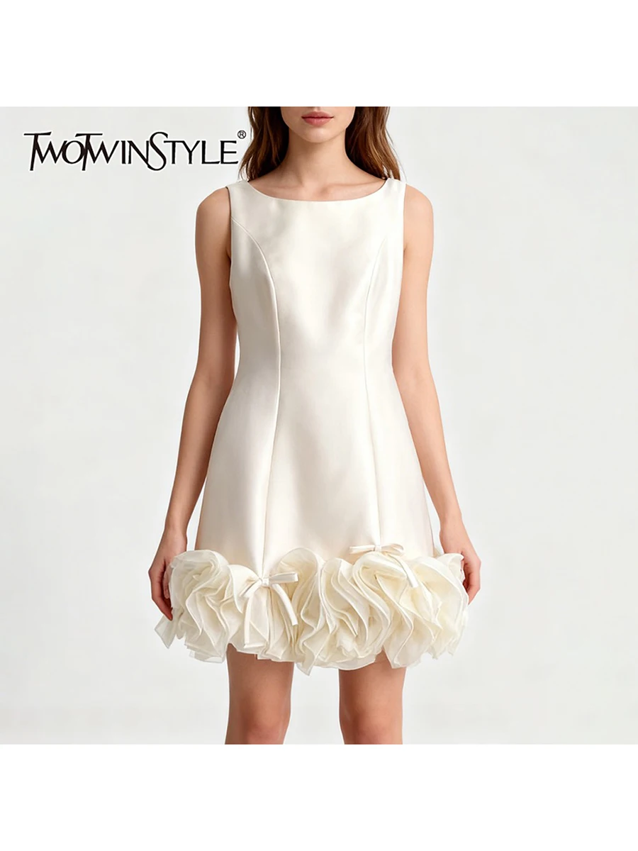 TWOTWINSTYLE Abnehmen Verstärktes 3D Blume Elegante Kleider für Frauen Square Neck Ärmellose Tunika Patchwork Bowknot Kleid Weibliche