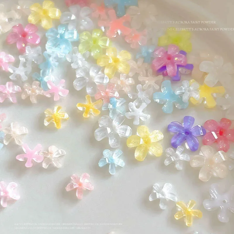 50/100Pcs Ice-clear Five Petal Flower Nail Art Charms 3D Nail Decoration Macaron Color Manicure Accessories Resin Material DIY