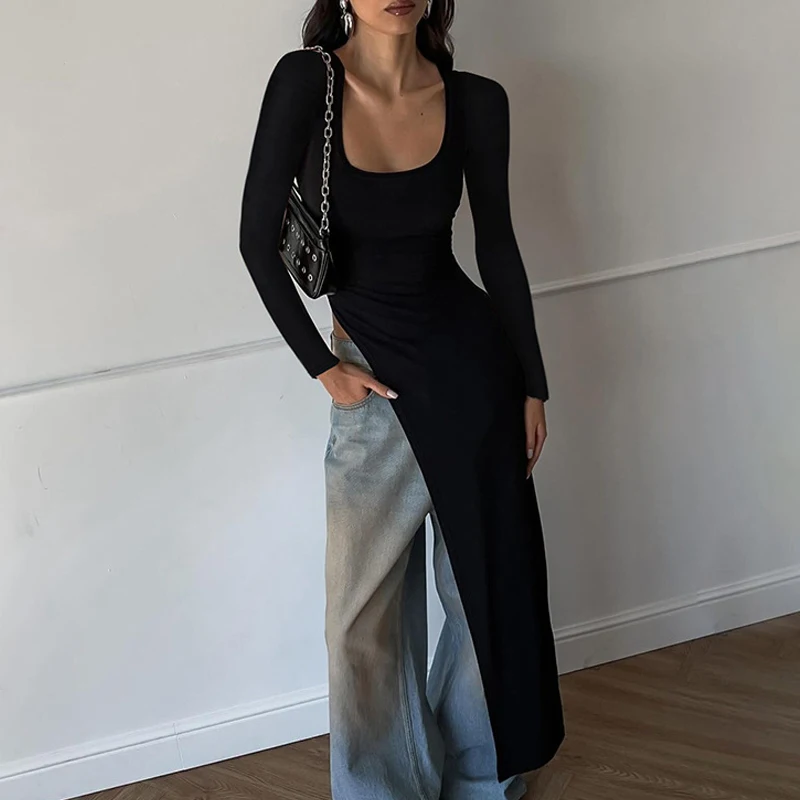 بلوزات نسائية ربيعية بأكمام طويلة ورقبة مربعة Y2k عالية الانقسام بقصة ضيقة ملابس خروج عصرية للخريف بلوزات نسائية #3