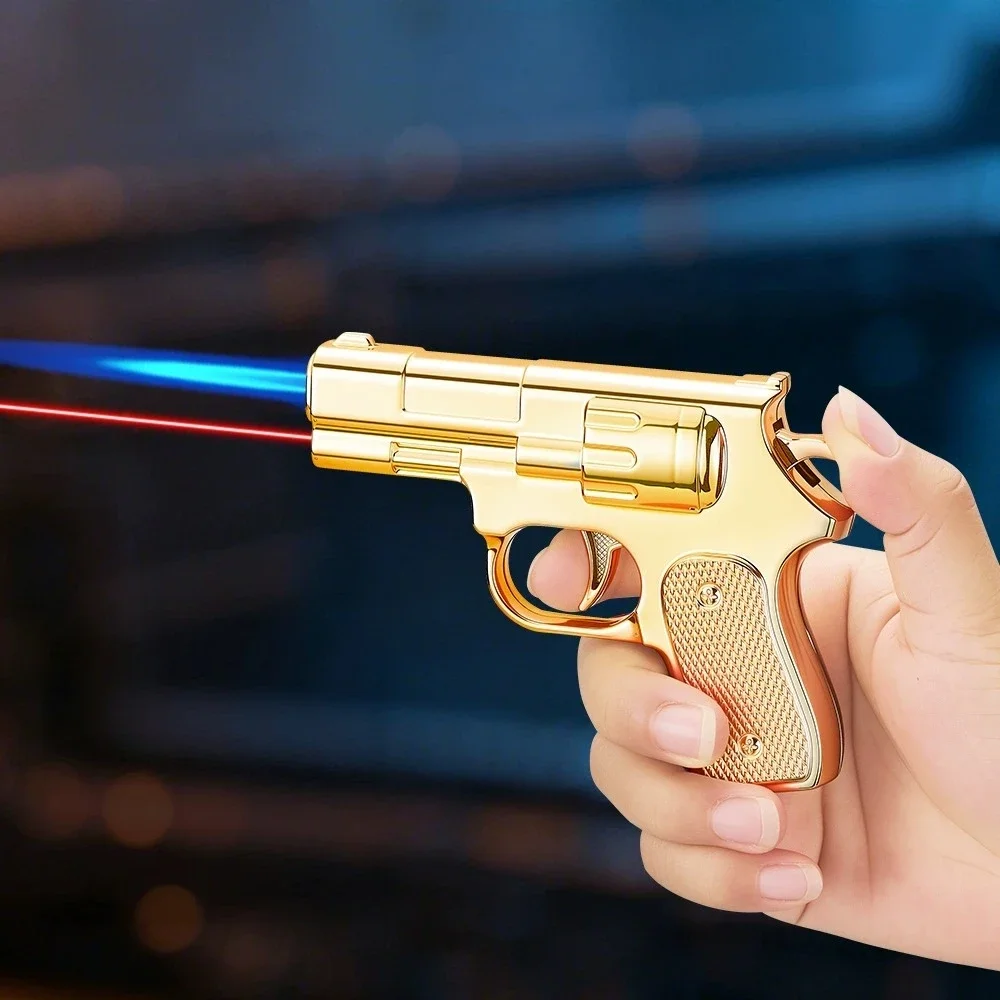 New Windproof Laser Pistol Shaped Inflatable Lighter Metal Outdoor Jet Flame Personalized Portable Lighter Smoking Gift