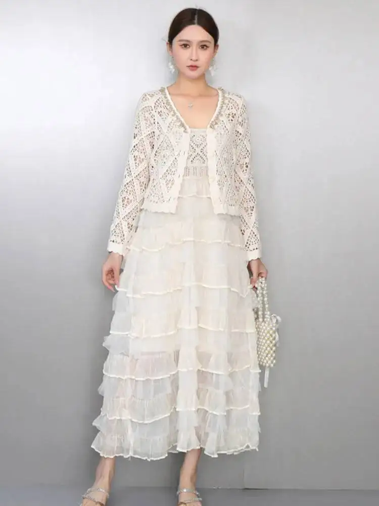 Casual Style Hollow Out Crochet Knit Long Sleeved Cardigan Camisole Cake Dresses Two-piece Set 2026 Spring CA8L