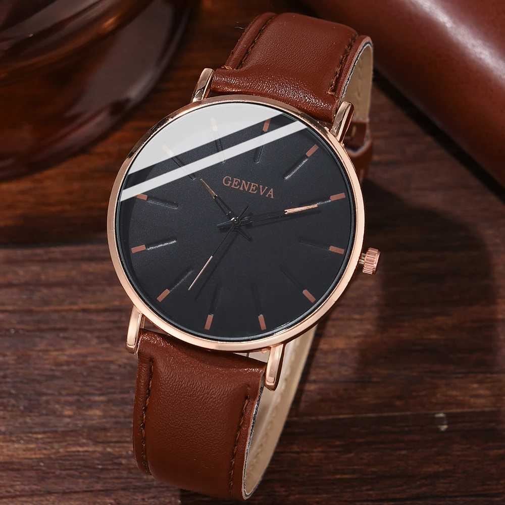 4 件套 Men\'s Brown Business Quartz Watch Pu and Leather Material Bracelet Set Suitable as a Gift for Boyfriend